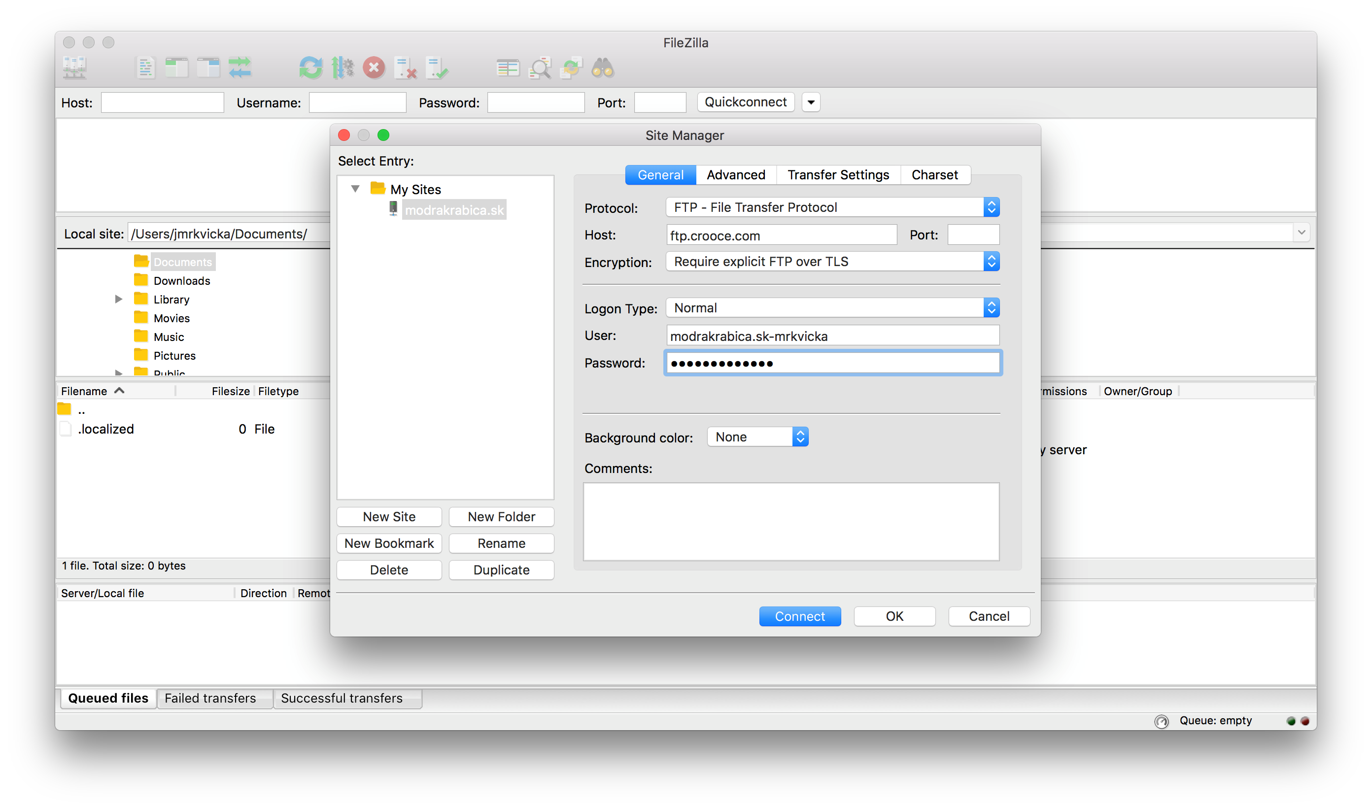 Báza znalostí / Návod / Nastavenie FTP účtu pre FileZilla (Apple macOS)