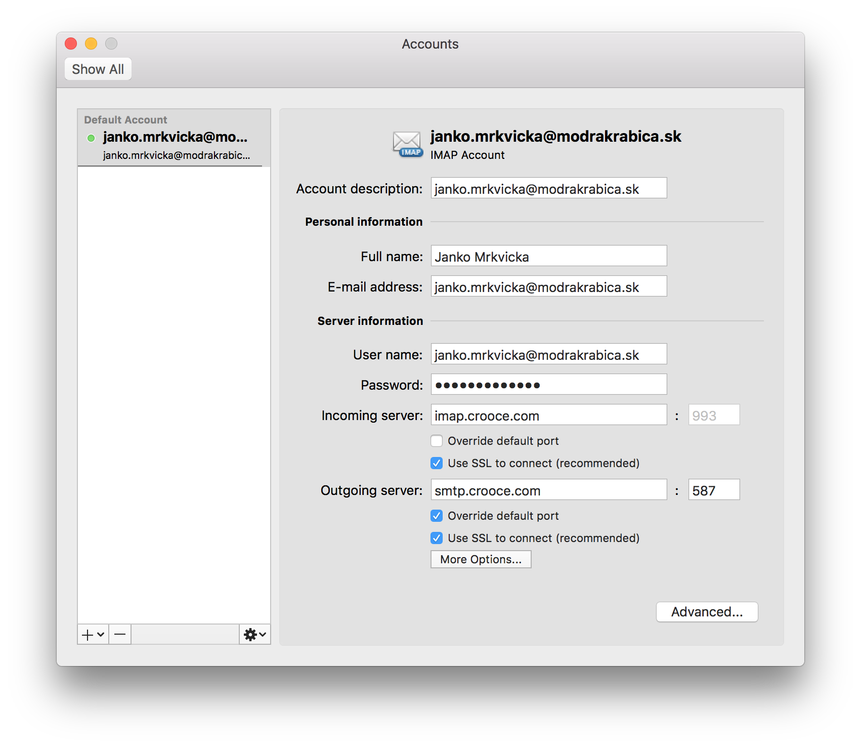 Báza znalostí / Návod / Nastavenie účtu elektronickej pošty pre Microsoft Outlook for Mac (Apple macOS)